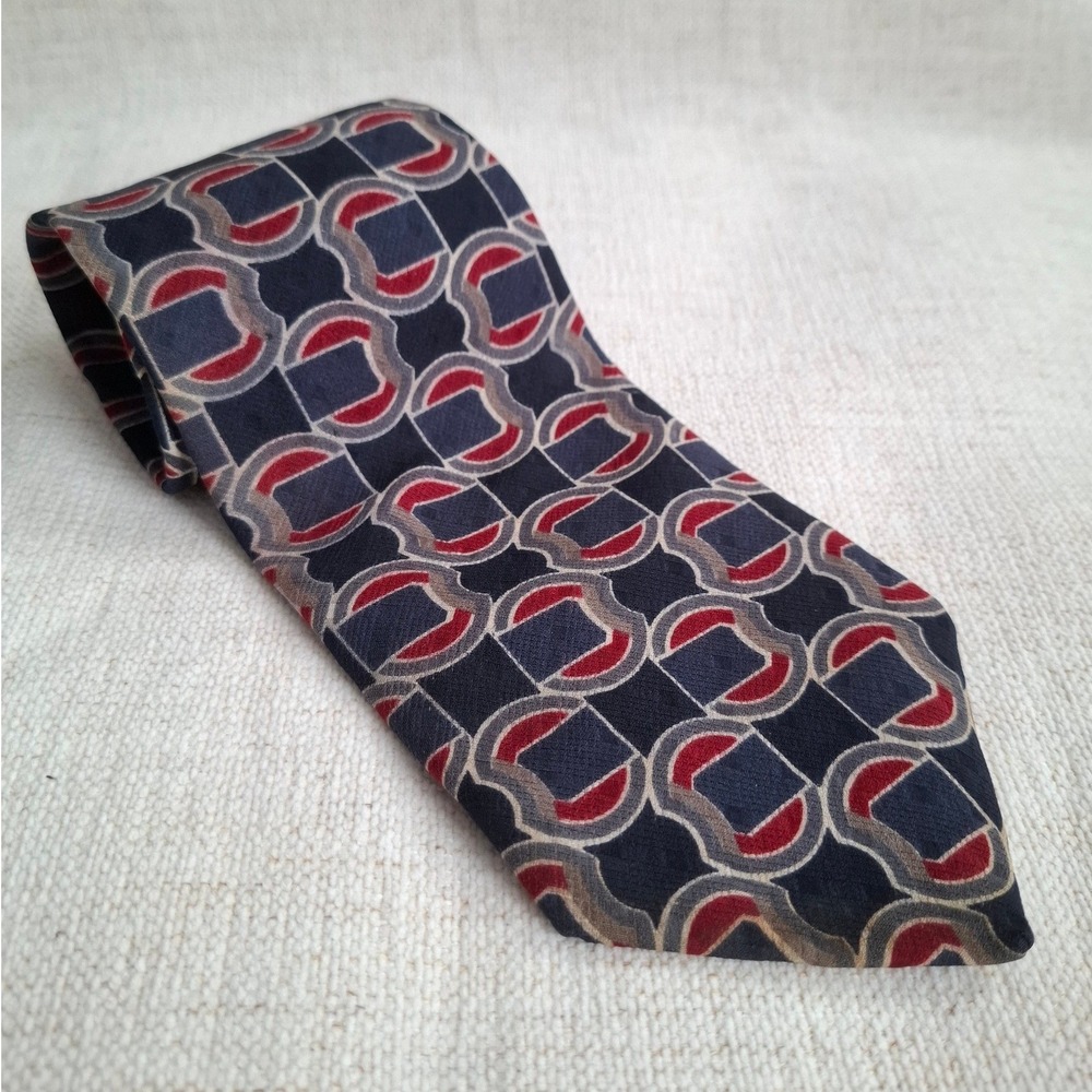 Vintage 80s Zylos Art Deco Geometric Red Navy Italian Silk Made in USA 56x3.75